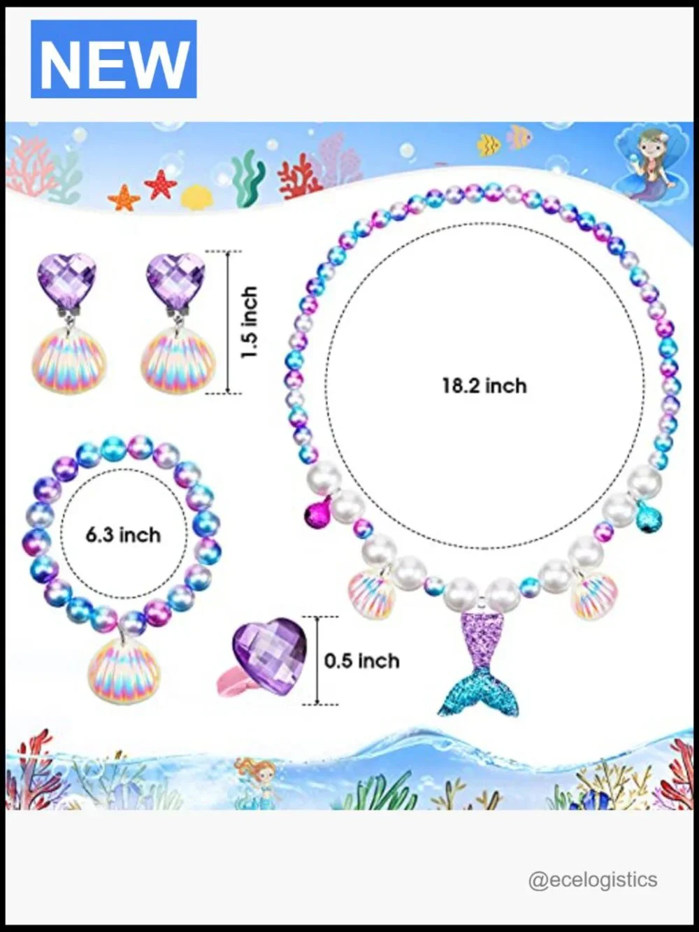 Mermaid Jewelry Set for Girls - Shell Necklace Bracelet Ring Earrings, Dress Up